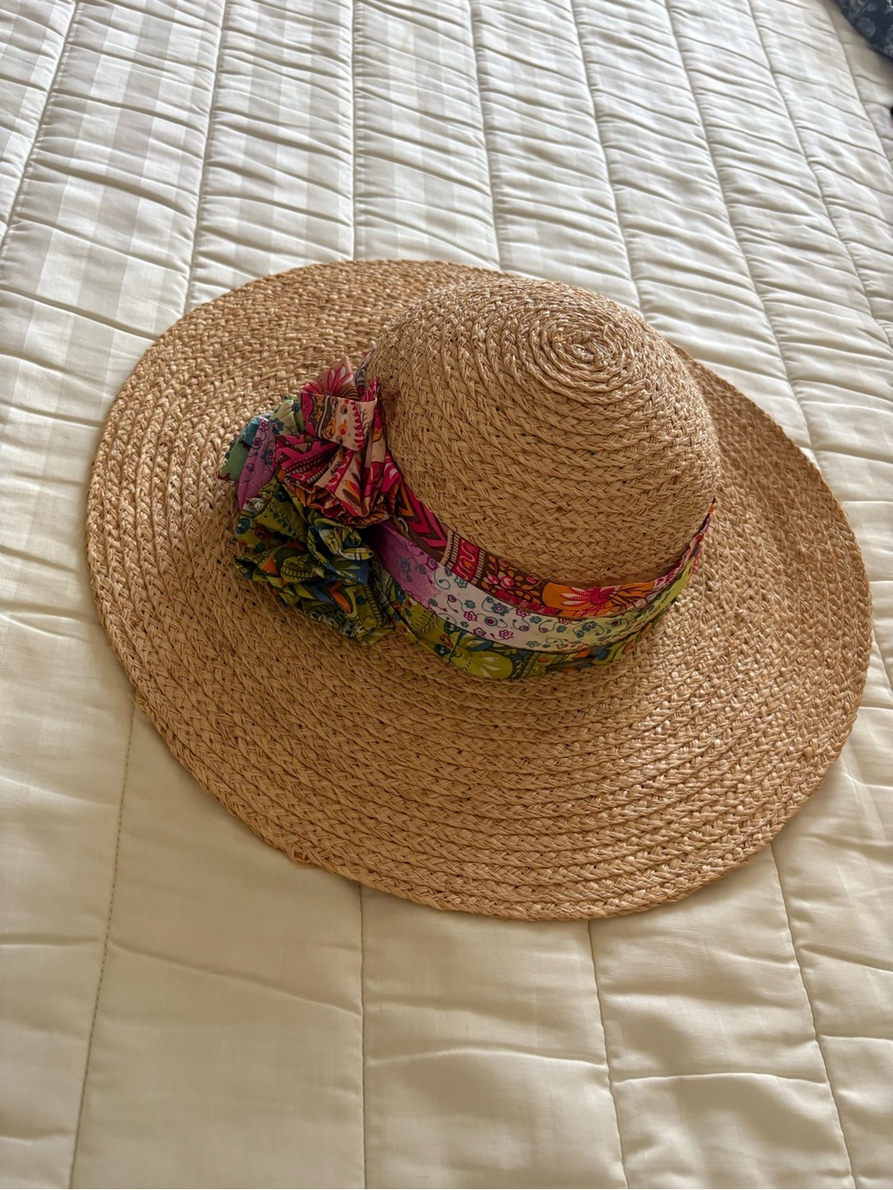 Capelli of New York Natural Straw Sun Hat with Multicolor Floral Scarf